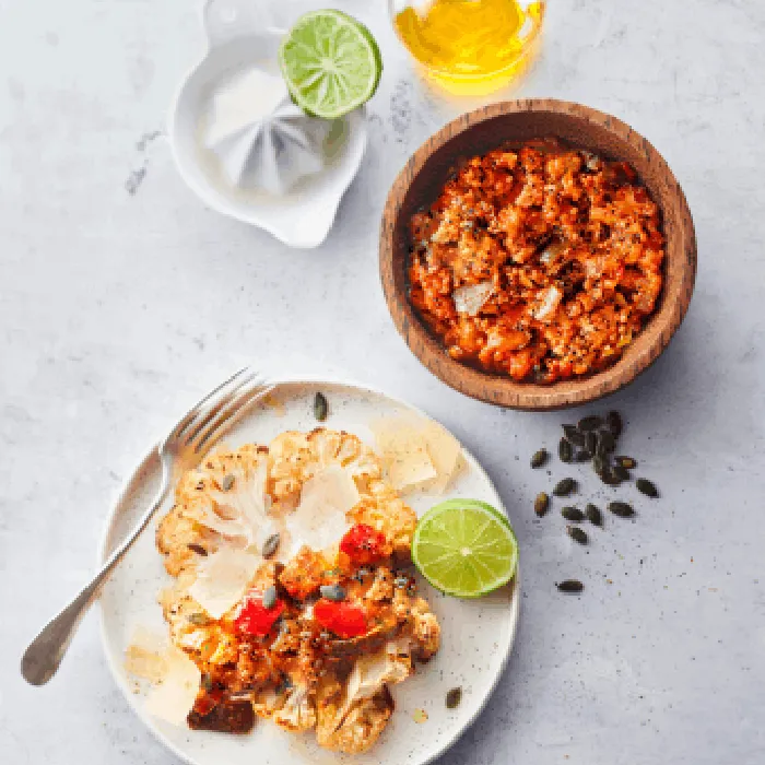 Image représentant Chou-fleur rôti, légumes cuisinés à la provençale et duo de quinoa