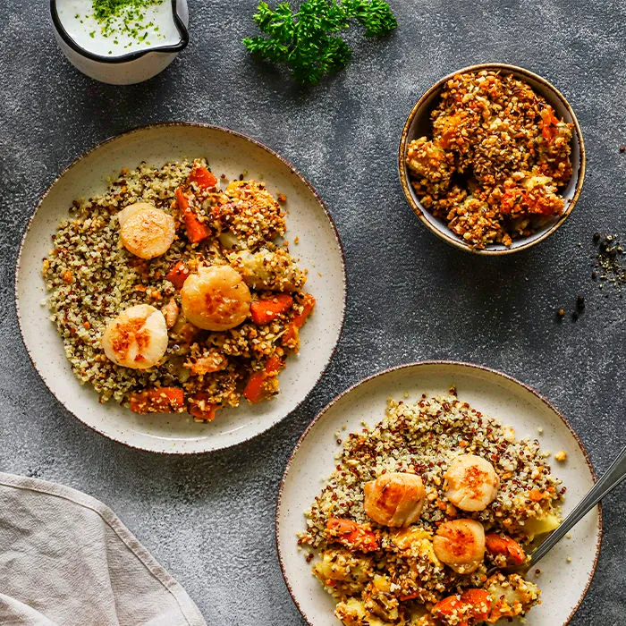 Image représentant Légumes d’hiver, coquilles saint jacques déglacées à la crème et au citron, duo de quinoa